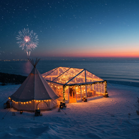 Beautiful winter landscape with a tent and a firework at sunsetの素材