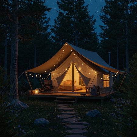 Camping tent at night in the forest. 3d rendering.の素材