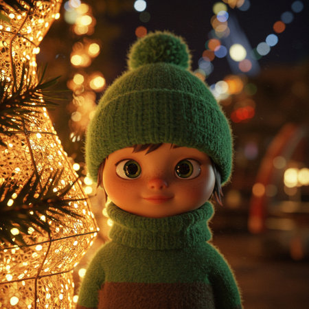 Cute doll with a green hat on the background of a Christmas tree.の素材