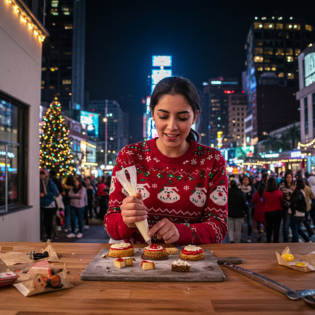 Beautiful Chinese woman making gingerbread cookies in the street at nightの素材