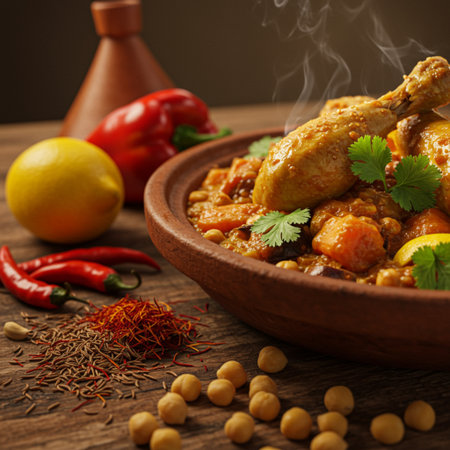 Chickpea stew with chicken and vegetables on a wooden tableの素材