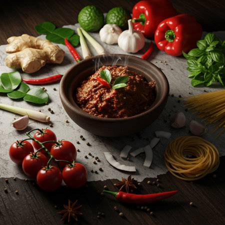 Spaghetti bolognese sauce with ingredients on wooden background.の素材