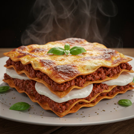 Tasty lasagna with tomato sauce and mozzarella on wooden tableの素材