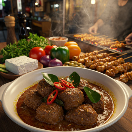 Beef meatballs in a spicy curry sauce with herbs and vegetablesの素材