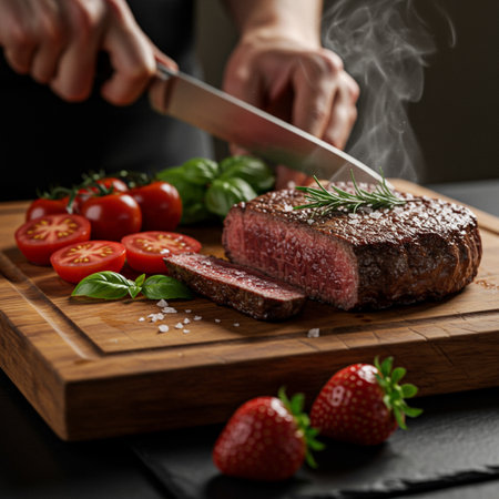 Grilled beef steak on cutting board with rosemary and tomatoes on black backgroundの素材