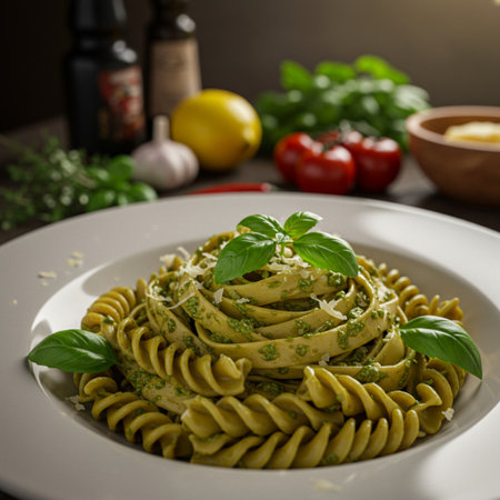 Pasta with pesto sauce and fresh basil on a white plateの素材