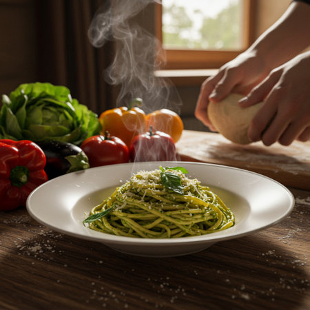 spaghetti with basil pesto sauce and fresh vegetables on wooden tableの素材