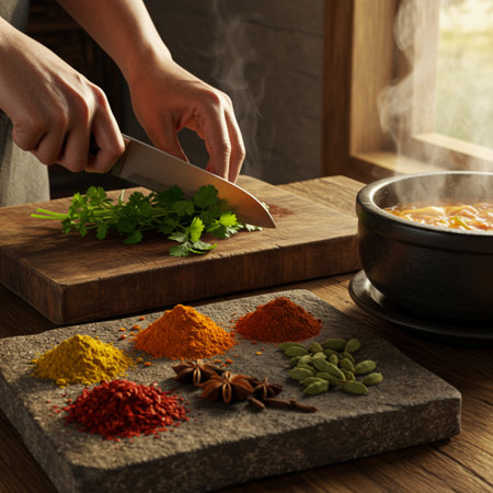 Woman hands cutting herbs and spices on a wooden board in the kitchenの素材