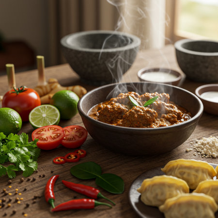 Spicy bolognese with ingredients on wooden table, closeupの素材