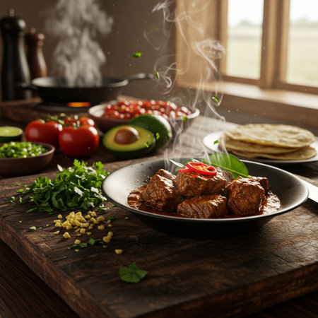 Tasty beef kebab with vegetables on wooden table in kitchenの素材