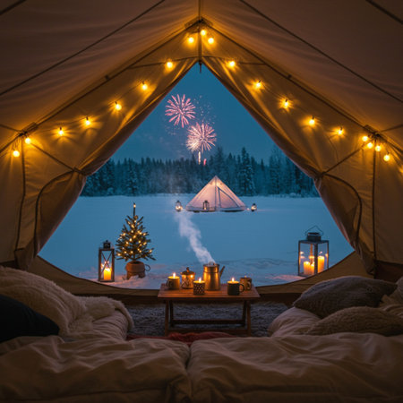 Camping in the tent on the background of the lake and the Christmas treeの素材