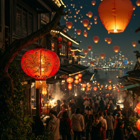 Hoi An ancient town at night, Vietnam. Hoi An ancient town is a UNESCO World Heritage Site.の素材