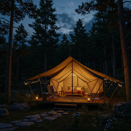Camping tent in the forest at night. Travel and camping concept.の素材
