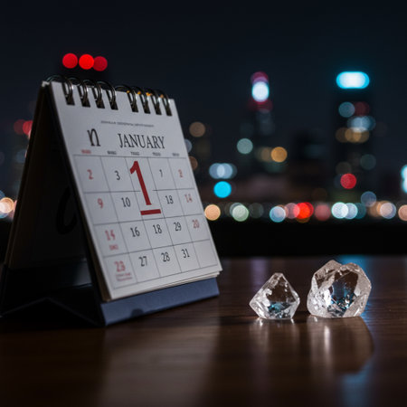 Calendar and ice cubes on table with blurred city lights background.の素材