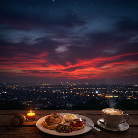 Coffee and pancakes on the wooden table with beautiful sky backgroundの素材