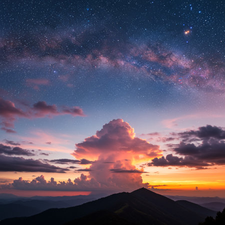 Mountain landscape with starry sky and milky way at sunsetの素材