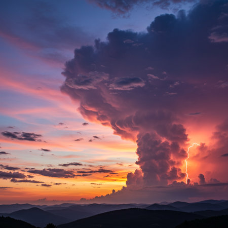 Colorful sunset over the mountains. Dramatic sky with lightning.の素材