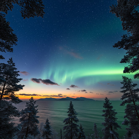 Aurora borealis over lake Baikal, Siberia, Russiaの素材