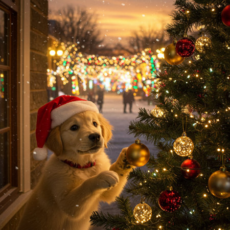 Golden retriever puppy in santa hat with christmas lights on backgroundの素材