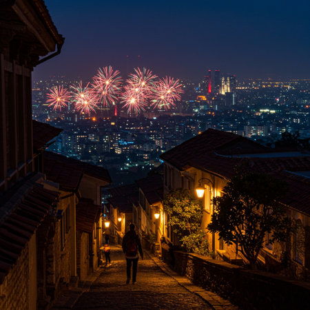 Night view of the old town with firework in Istanbul, Turkeyの素材