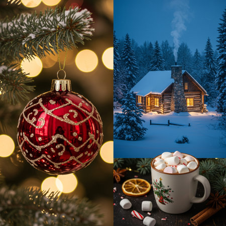 Christmas and New Year collage. Wooden house, cup of hot chocolate with marshmallows, fir tree and bokeh backgroundの素材