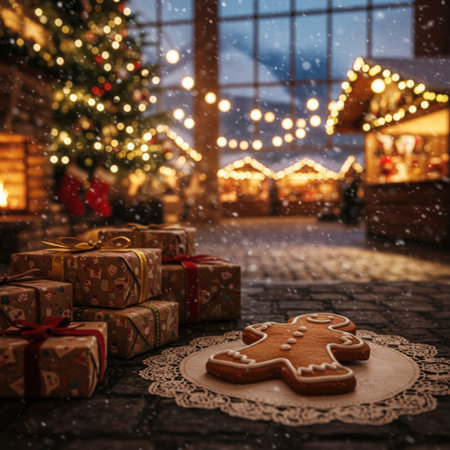 Christmas gingerbread cookies and gifts on the background of the Christmas treeの素材