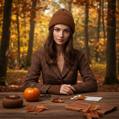 Autumn portrait of beautiful woman in brown coat and hat sitting at wooden table in autumn forest.の素材