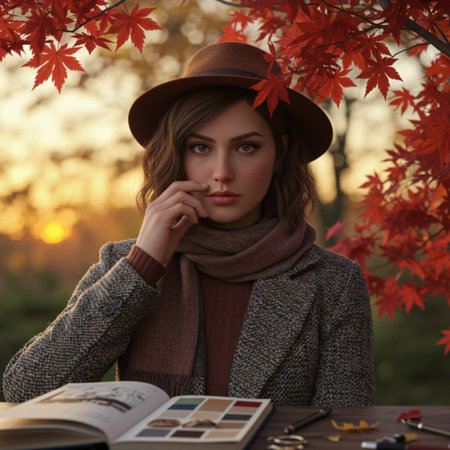 Portrait of a beautiful young woman in a hat, coat and scarf in the autumn park.の素材