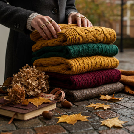 A stack of warm knitted sweaters on the background of autumn leaves.の素材