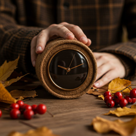 Female hands holding a clock on a wooden background with autumn leaves.の素材