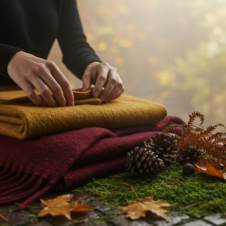 Woman knits a warm sweater on the background of autumn forest.の素材