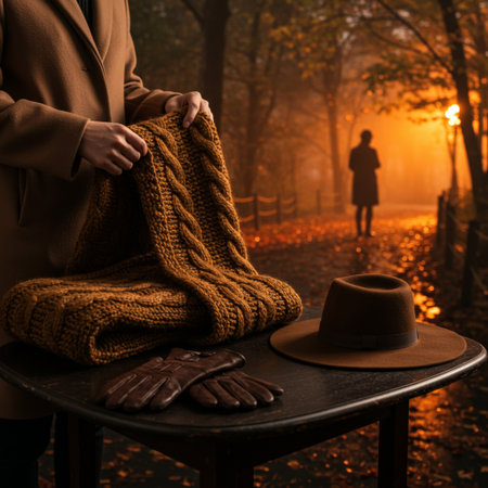 Autumn woman with warm knitted sweater and hat sitting on a bench in the parkの素材