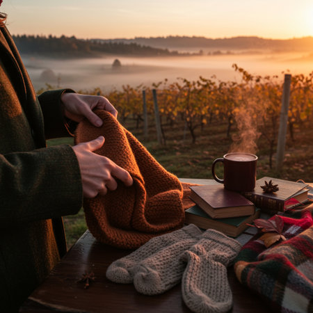 Woman hands with warm scarf, cup of hot drink and book on wooden table in autumn vineyard.の素材