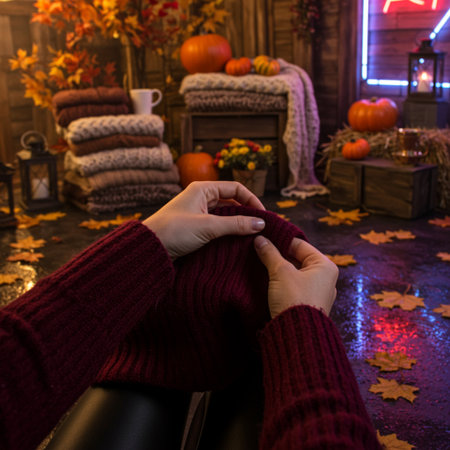 Hands of a girl in a red sweater knitted woolen sweater on the background of the interior of the house.の素材