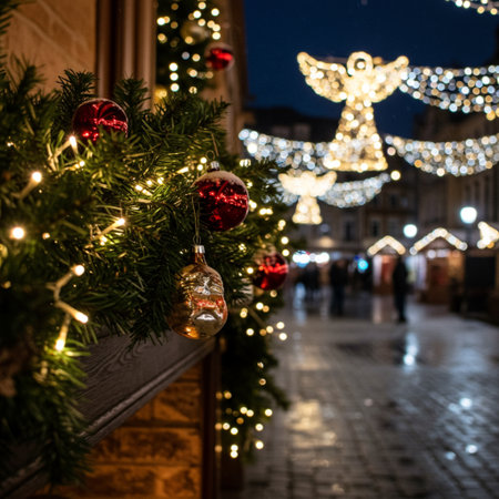 Christmas decorations on the streets of the old town of Lviv, Ukraineの素材