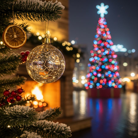 Decorated Christmas tree on the background of the city. Selective focus.の素材
