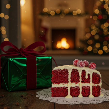 Christmas red velvet cake with white frostingrated with marmalade and red heart on top with a green gift box and a fireplace in the backgroundの素材