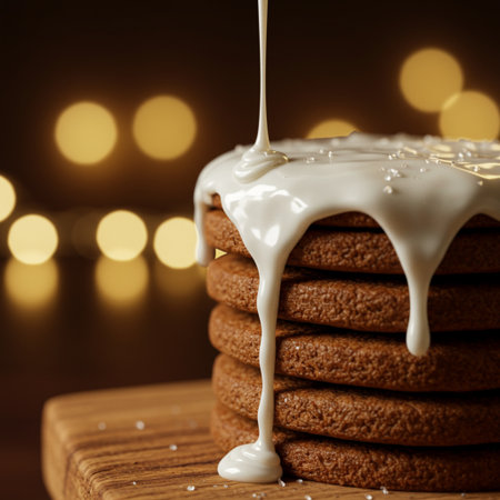 Chocolate pancakes with white icing on a wooden board with bokeh lightsの素材