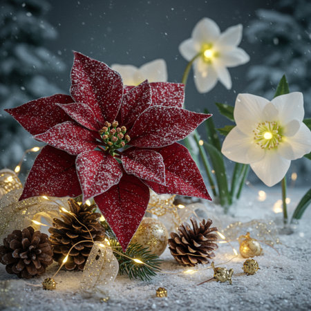 Christmas decoration with poinsettia, snow and snowflakesの素材