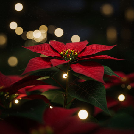 Poinsettia flower with bokeh background, christmas decorationの素材