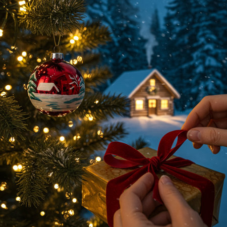 Christmas and New Year holidays background. Woman decorating christmas tree with Christmas bauble. Winter landscape in the background.の素材