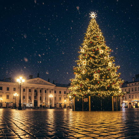 Christmas tree on the main square of Lviv at night, Ukraineの素材