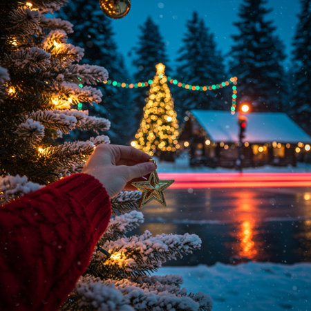Woman's hand holds a golden Christmas star on the background of a wooden house and a Christmas tree.の素材