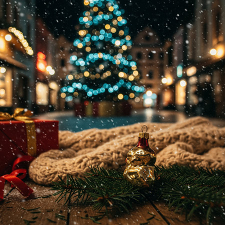 Christmas tree and gifts on the background of a snowy winter street.の素材