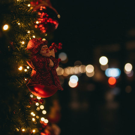 Christmas decoration on the Christmas tree in the city. Selective focus.の素材
