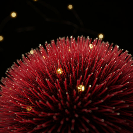 close up of red christmas ball on black background with bokehの素材