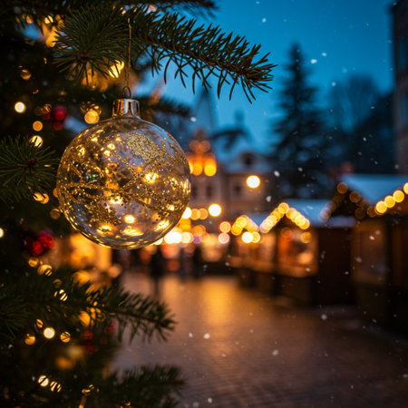 Christmas market in Riga, Latvia. Christmas tree decorated with baubles and lights at night.の素材