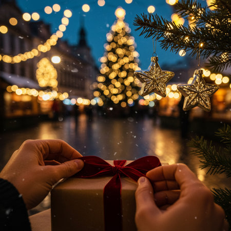 Hands holding christmas gift box with christmas tree on backgroundの素材
