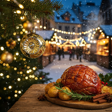 Traditional Christmas ham with spices on the background of the Christmas market.の素材