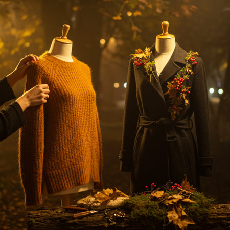 Autumn fashion. Woman and mannequin in a autumn park at night.の素材